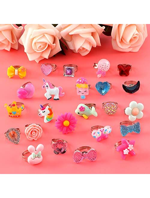 Lorfancy Girls Kids Jewelry Rings 24 pcs Little Toddler Girl Costume Princess Dress up Party Favors Girls Toys