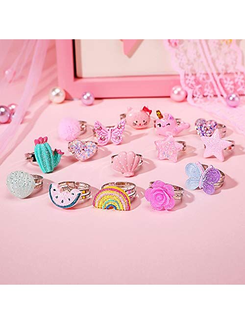 PinkSheep Little Girl Jewel Rings in Box, Adjustable, No Duplication, Girl Pretend Play and Dress Up Rings (24 Bling Ring)