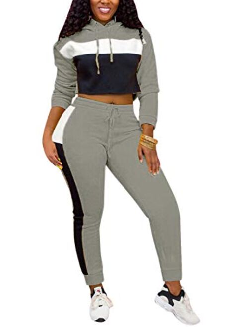 Women Causal Long Sleeve Color Block Sweatshirt Crop Top Bodycon Drawstring Sweatpants Tracksuit 2 Piece Outfit Set