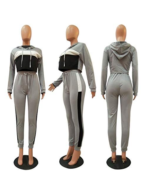 Women Causal Long Sleeve Color Block Sweatshirt Crop Top Bodycon Drawstring Sweatpants Tracksuit 2 Piece Outfit Set