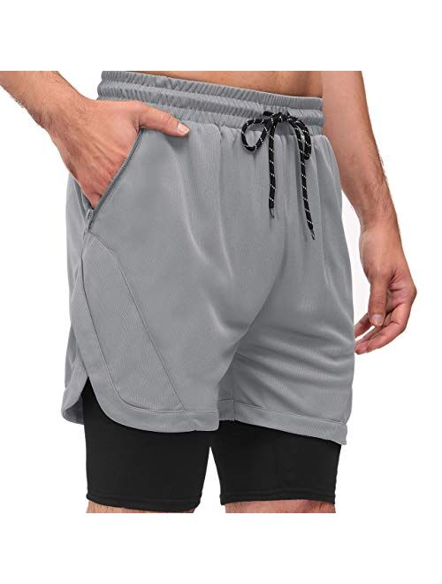 poriff Men's 2 in 1 Running Shorts 7" Lightweight Workout Shorts Gym Shorts Men Quick Dry Shorts with Zipper Pocket
