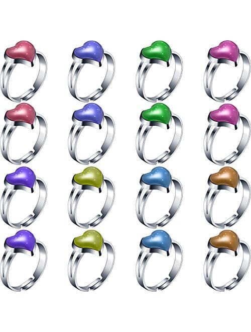 16 Pieces Adjustable Heart Mood Rings for Girls and Boys, Heart Shape Mixed Color Changing Mood Rings for Halloween Costume Props Birthday Party Favors and Goodie Bag Fil