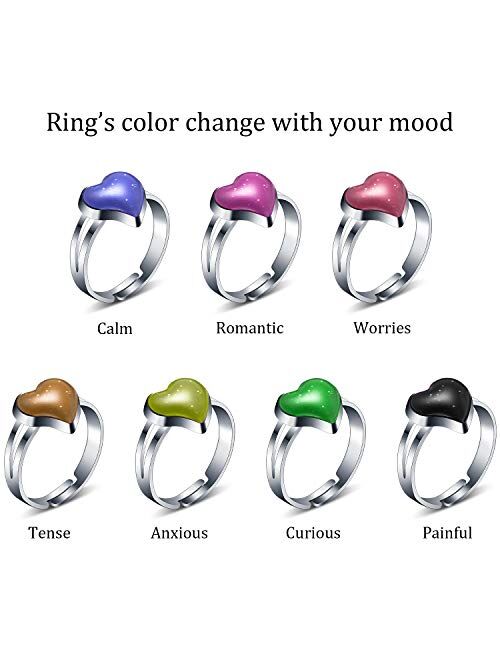 16 Pieces Adjustable Heart Mood Rings for Girls and Boys, Heart Shape Mixed Color Changing Mood Rings for Halloween Costume Props Birthday Party Favors and Goodie Bag Fil
