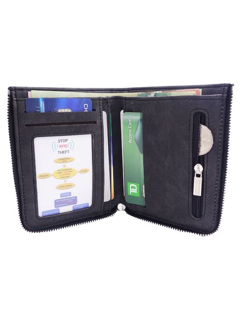 Men's RFID Blocking ID Window Leather Bifold Zipper Wallet