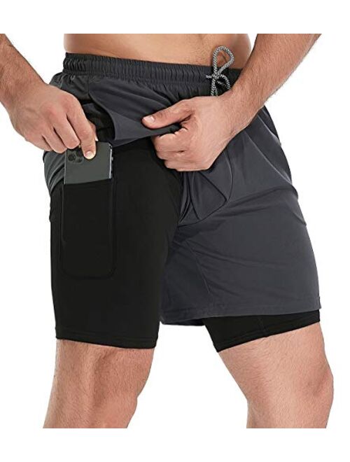 TELALEO Mens 2 in 1 Running Shorts Workout Training Athletic 5" Gym Double Layer Short with Zipper Pockets