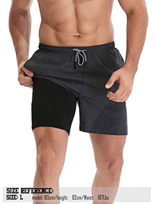 TELALEO Mens 2 in 1 Running Shorts Workout Training Athletic 5" Gym Double Layer Short with Zipper Pockets