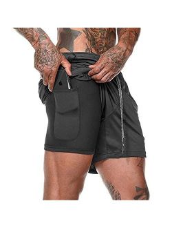 CYF Men’s 2 in 1 Running Shorts with Pockets Quick Dry Breathable Active Gym Workout Shorts