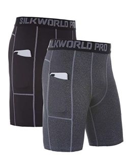 SILKWORLD Men's Compression Shorts Pockets Sports Running Tight