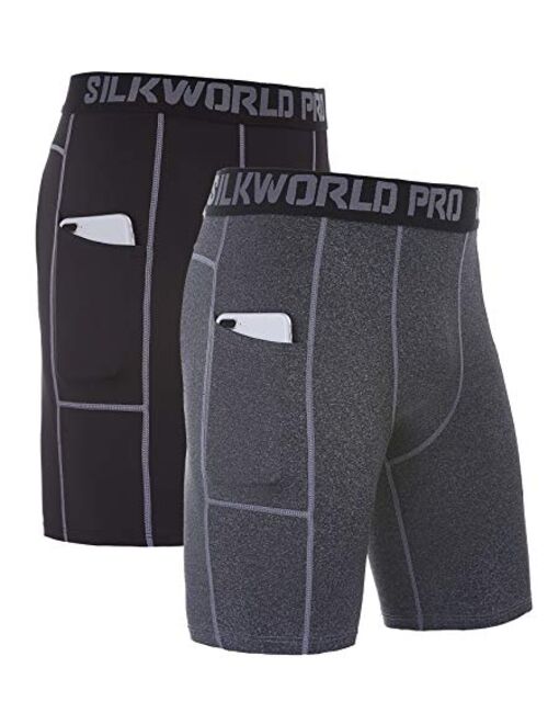 SILKWORLD Mens Compression Shorts Pockets Sports Running Tight