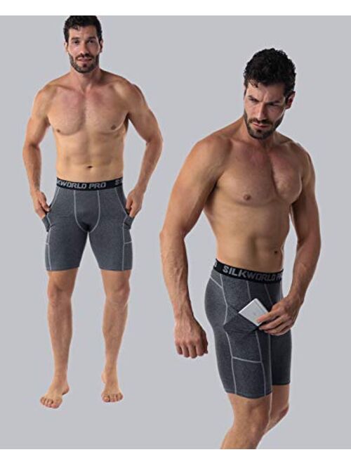 SILKWORLD Men's Compression Shorts Pockets Sports Running Tight