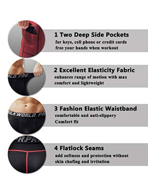 SILKWORLD Men's Compression Shorts Pockets Sports Running Tight