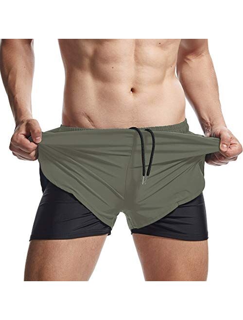 AIMPACT Mens 2 in 1 Workout Running Shorts Quick Dry Stretch Swim Trunks with Zipper Pockets