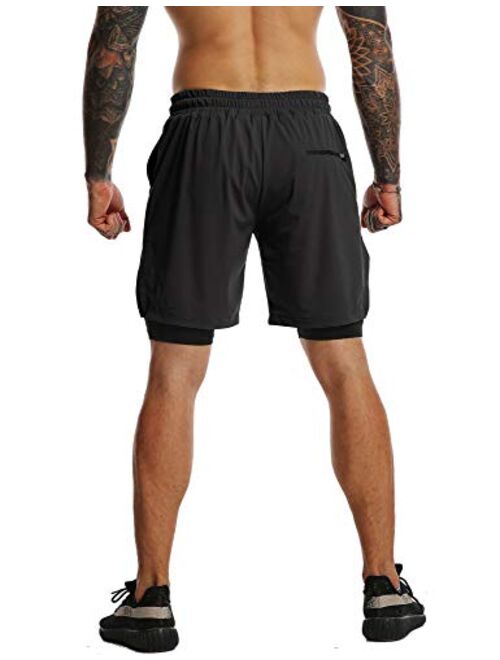 GYMBULLFIGHT Mens 2 in 1 Running Shorts 7" Quick Dry Gym Athletic Workout Short Pants for Men with Phone Pockets