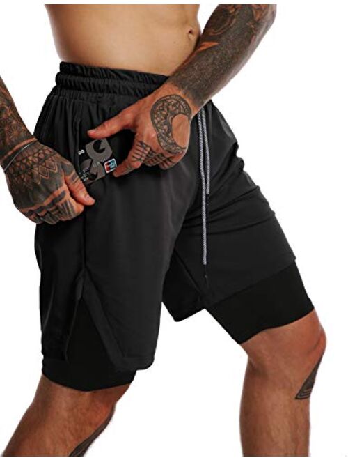 GYMBULLFIGHT Mens 2 in 1 Running Shorts 7" Quick Dry Gym Athletic Workout Short Pants for Men with Phone Pockets