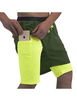 qualidyne Men's 2 in 1 Running Shorts with Phone Pockets, Sports Workout Quick Dry 5" Athletic Training Shorts