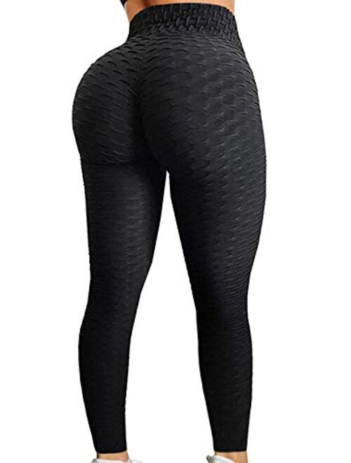 Fapreit Women's Ruched Butt Lifting High Waist Yoga Pants Tummy Control Textured  Anti Cellulite Workout Leggings