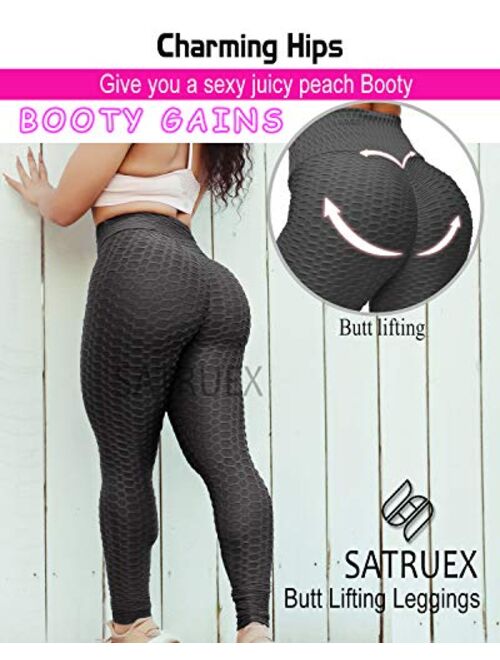 SATRUEX Ruched Butt Lifting Workout Leggings for Women High Waist Tummy Control Yoga Pants Textured Booty Tights