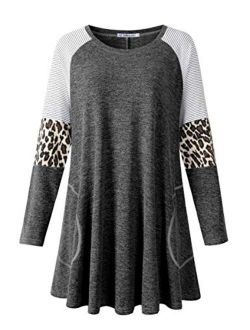 Jollielovin Plus Size Tops For Women Cute Swing Fall Clothes Ladies Leopard Print Tunic Tops with Pockets