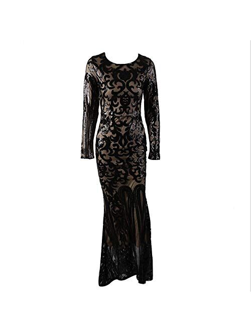 KEDUODUO Sequined Round Neck Long-Sleeved Retro Party Dress