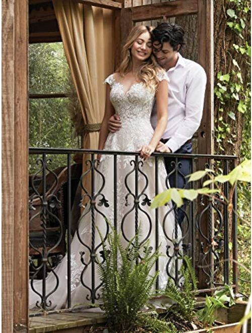 ONEDress Modest Lace Appliques Wedding Dresses with Sleeves Illusion A-Line Wedding Bridal Gown