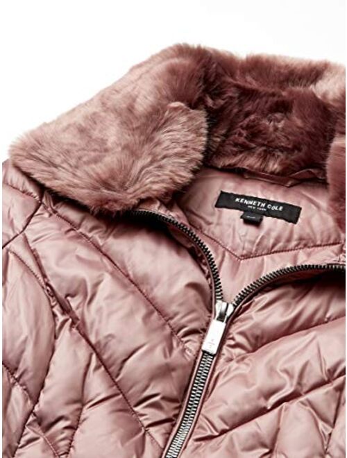 Kenneth Cole New York womens Zip Front Puffer With Faux Fur Collar
