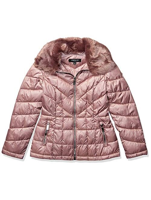 Kenneth Cole New York womens Zip Front Puffer With Faux Fur Collar