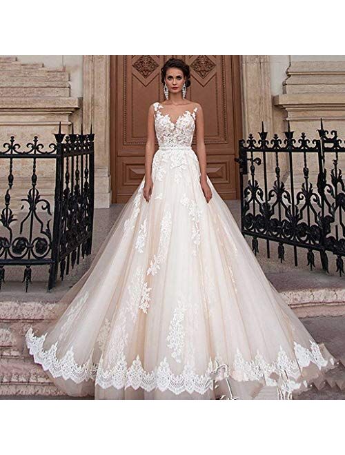 White Wedding Dresses Long Lace Applique Beading Waist Sweep Train Bridal Gown Dress with Detachable Beading Sash