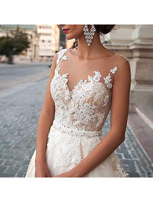 White Wedding Dresses Long Lace Applique Beading Waist Sweep Train Bridal Gown Dress with Detachable Beading Sash