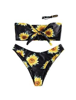 Women's Removable Strap Knot Front Sunflower Print Bandeau Bikini Set