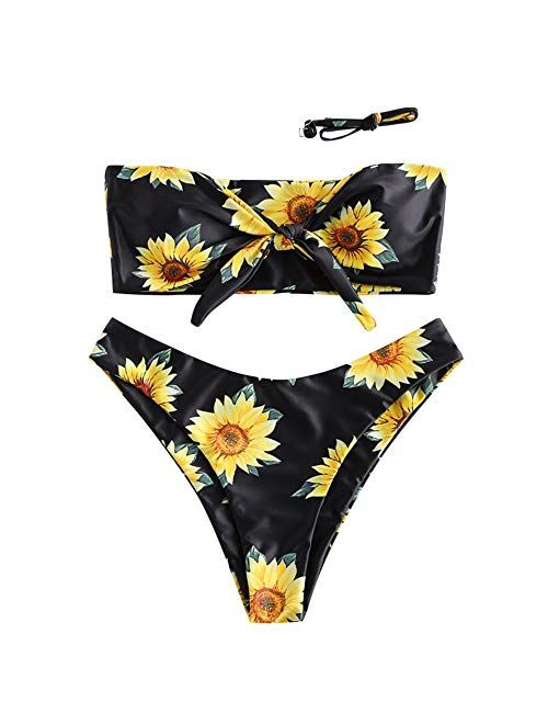 ZAFUL Women's Removable Strap Knot Front Sunflower Print Bandeau Bikini Set