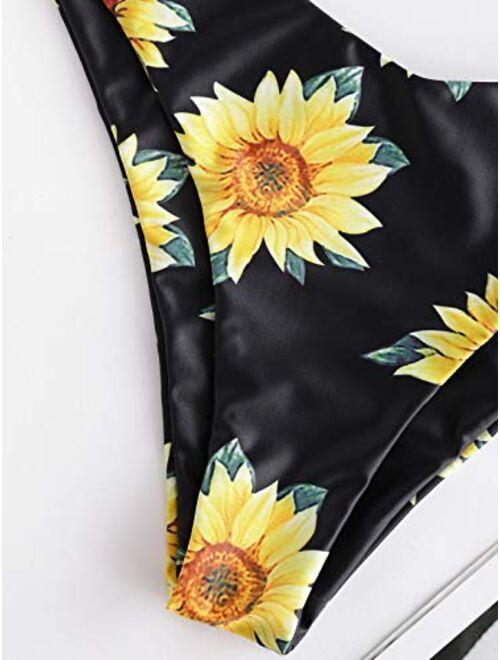 ZAFUL Women's Removable Strap Knot Front Sunflower Print Bandeau Bikini Set