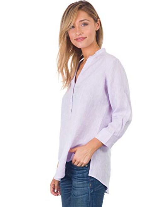 CAMIXA Linen Casual Relaxed Blouse Popover Shirt 3/4 Sleeve Tunic