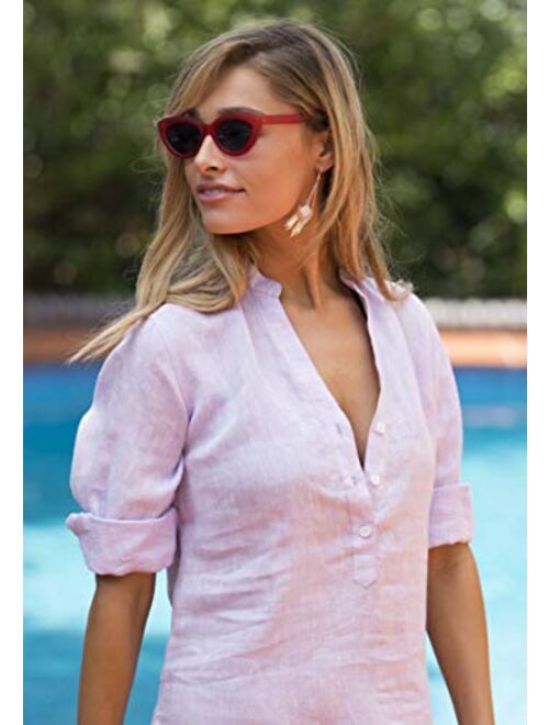 CAMIXA Womens 100% Linen Casual Relaxed Blouse Popover Shirt 3/4 Sleeve Tunic 