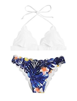 Women's Sexy Bathing Suits Scallop Halter Bikini Top Floral Print Two Piece Swimsuits