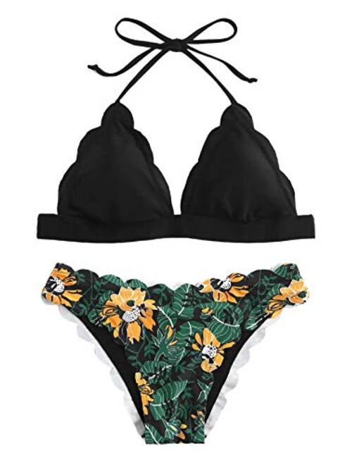 SweatyRocks Women's Sexy Bathing Suits Scallop Halter Bikini Top Floral Print Two Piece Swimsuits