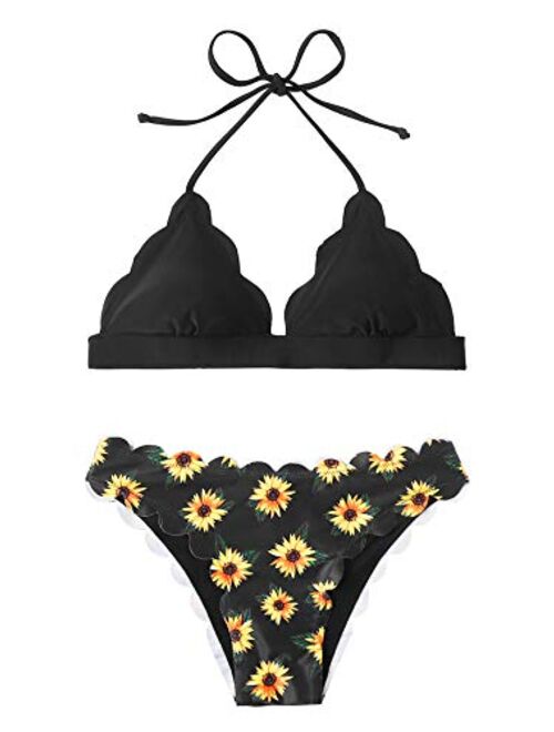 SweatyRocks Women's Sexy Bathing Suits Scallop Halter Bikini Top Floral Print Two Piece Swimsuits
