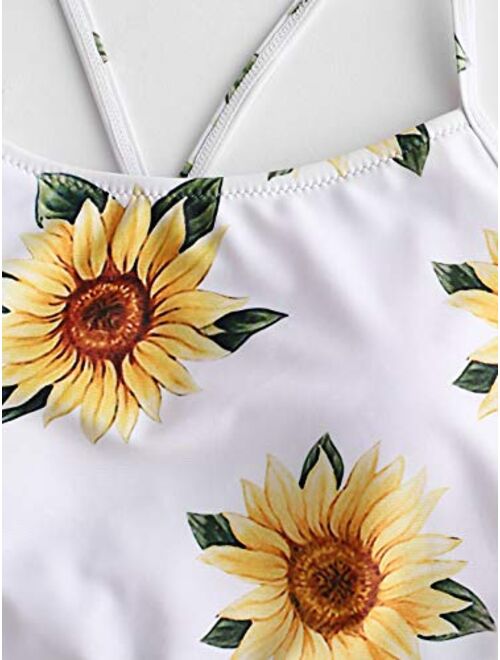 ZAFUL Women's Sunflower Tankini Set Ruched High Waisted Bathing Suit