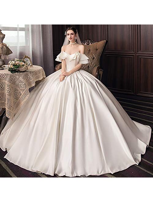 Women's Satin Wedding Dresses Ball Gowns Formal Party Bride Backless Dress Long Skirt (Color : White, Size : Large)