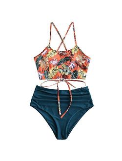 Women's Floral Leaf Print Lace-up Criss Cross Tankini Set High Waisted Scoop Collar Padded Bathing Suit