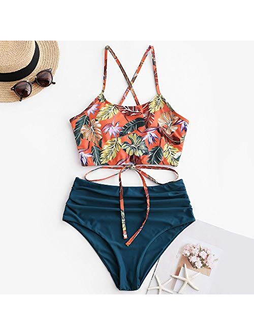 ZAFUL Women's Floral Leaf Print Lace-up Criss Cross Tankini Set High Waisted Scoop Collar Padded Bathing Suit