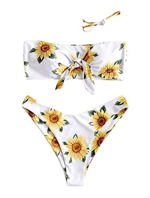 ZAFUL Women's Tie Knot Front Sunflower Print Bandeau Bikini Set Swimsuit Bathing Suits