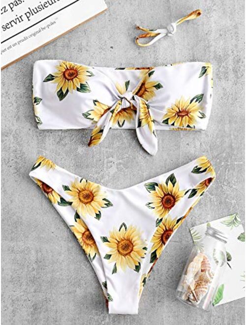 ZAFUL Women's Tie Knot Front Sunflower Print Bandeau Bikini Set Swimsuit Bathing Suits