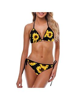InterestPrint Women's Sunflower Pattern Black Background Two Pieces Swimsuit Triangle Bra Bottom Bikini Set S