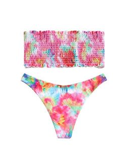 Women's Ribbed Bandeau Bikini Swimsuit Two Piece Tie Dye Removable Bikini Set Swimwear
