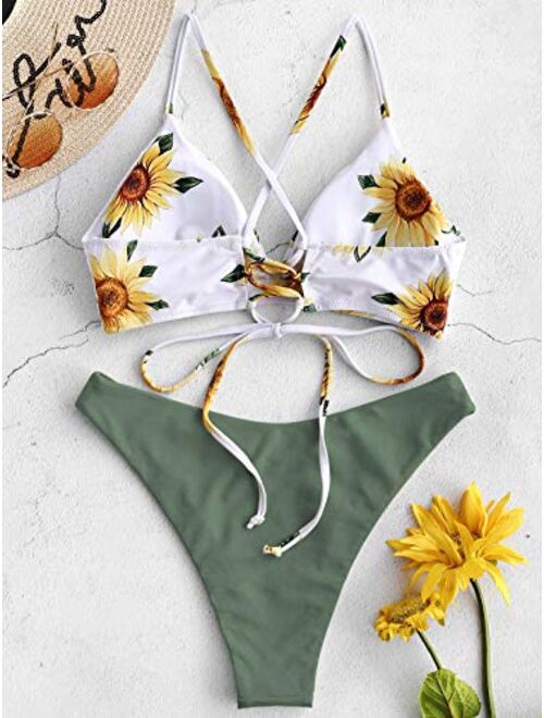 ZAFUL Women's Back Lace-up Swimsuit Flower Print Cheeky Thong Tanning Bikini