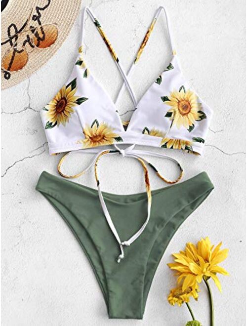 ZAFUL Women's Back Lace-up Swimsuit Flower Print Cheeky Thong Tanning Bikini