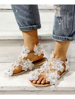 White Beaded Flower Sandal - Women