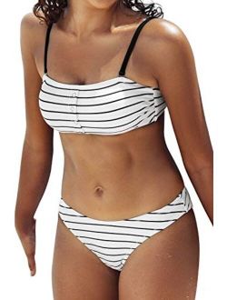 Women's White Striped Printed High Leg Bandeau Buttons Bikini Sets
