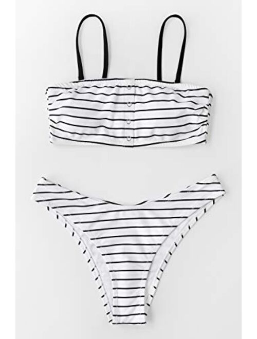 CUPSHE Women's White Striped Printed  High Leg Bandeau Buttons Bikini Sets