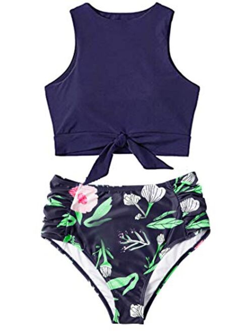 Floral Crop Tie Knot Front High Waisted California Bikini Set Hawaii Two Piece Swimsuit for Women